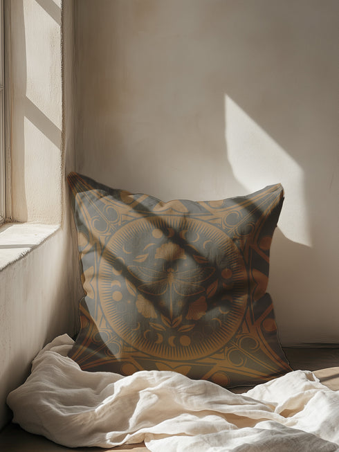 Square pillow cover featuring a detailed copper dragonfly illustration centered in a circular medallion with moon phases and Art Deco geometric patterns on a dark gray background.